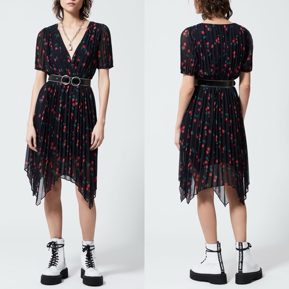 NWOT THE KOOPLES Pleated Navy Blue Midi Dress with Floral/Cherry Motif Size M - Picture 2 of 9